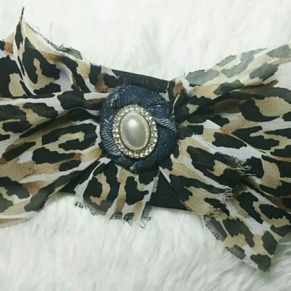 Tasty Raw Edge Leopard Denim Rose Bling Headband